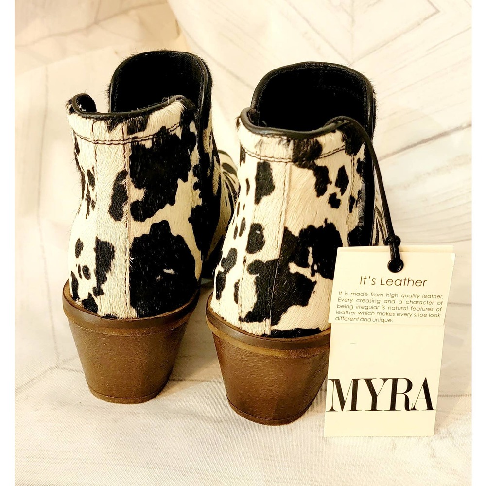 BLACK Cowhide Dixon Booties Western Heel Black & White Hide - Picture 2 of 5